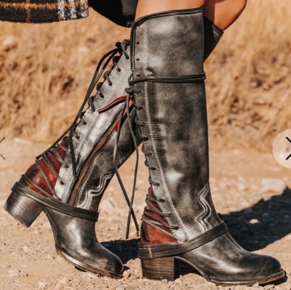 FREEBIRD by Steven Coal Lace Up Distressed Leather Boots Black Size with Box